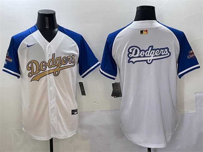 Mens Los Angeles Dodgers Team Big Logo White Royal Gold 2024 World Series Champions Vapor Limited Stitched Jersey